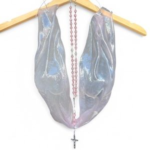 Iridescent Scarf with Pink Beaded Cross Necklace